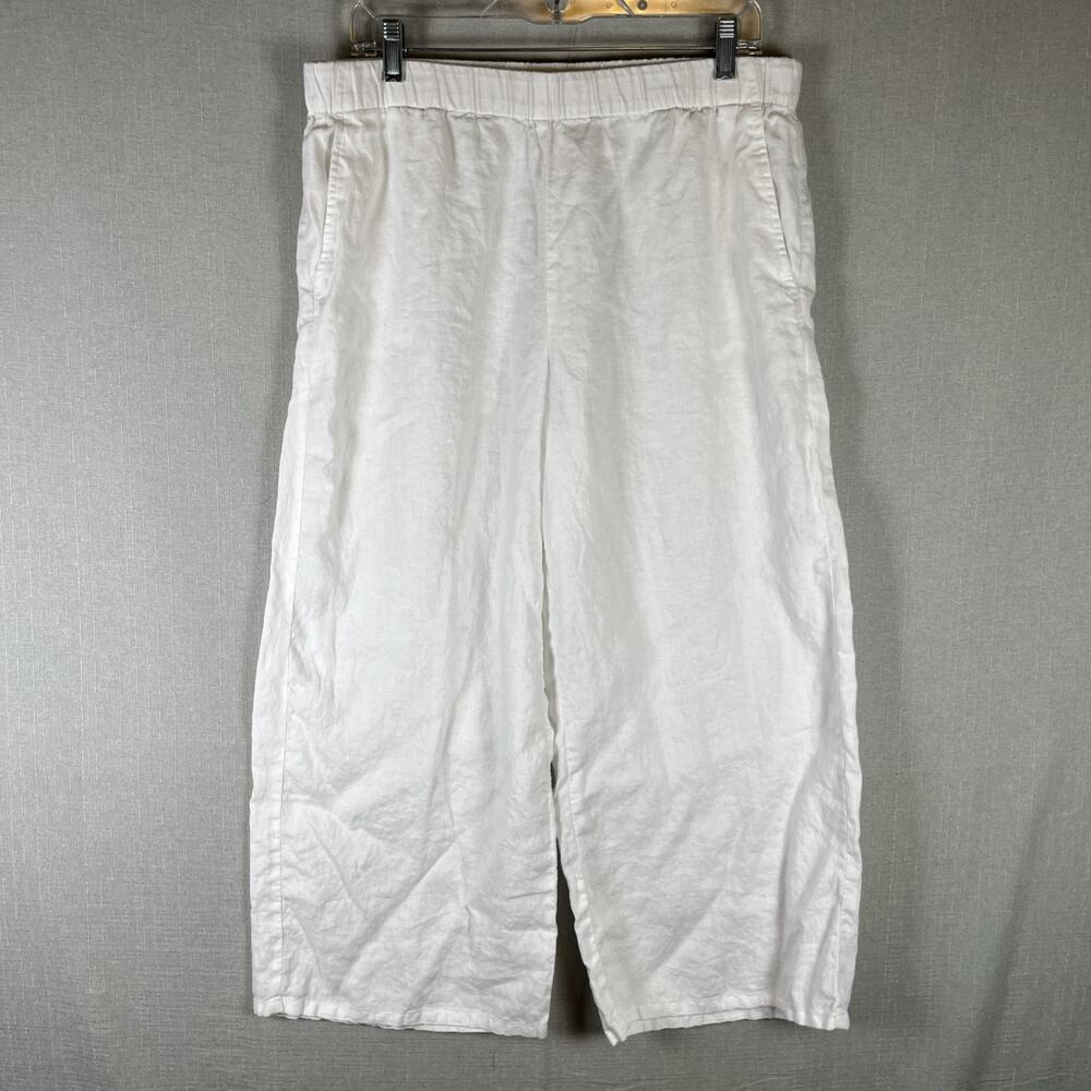 Eileen Fisher White 100% Organic Linen Womens Wide Leg Pants Size M Pockets Crop